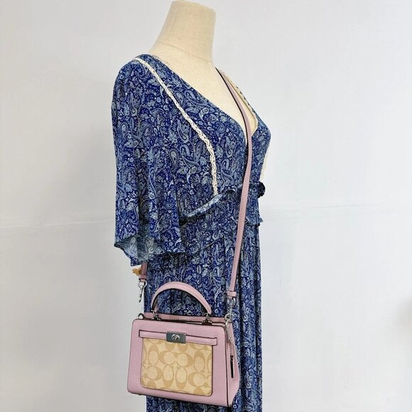 coach  CC977 Mini Lane Top Handle In Signature Canvas IN Light Khaki Ice Purple - Picture 1 of 8